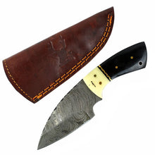 Load image into Gallery viewer, TheBoneEdge 7&quot; Damascus Fixed Blade Full Tang Black Horn &amp; Bone Handle Knife
